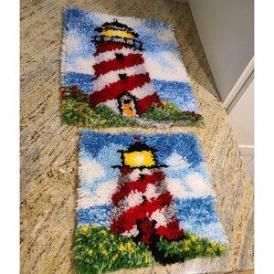 Lighthouse 15" x 19" & 12" x12"  Finished Latch Hooks . Set of 2
